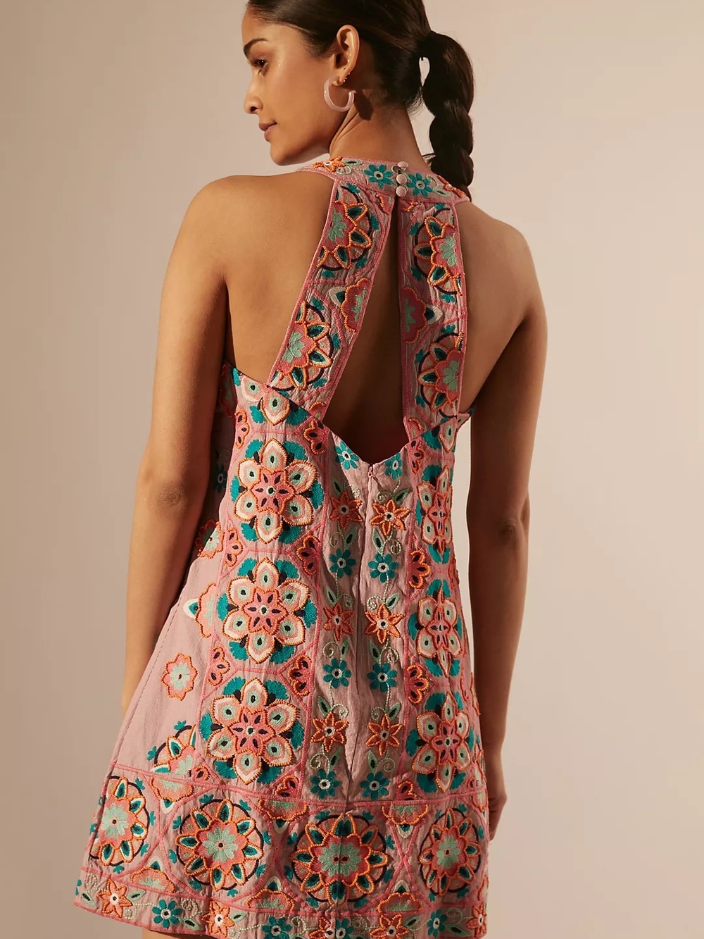 Anthropologie Pink Cottom Beaded Embroidered Applique Shift Mini Dress - Picture 9 of 10